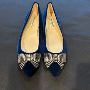 Karl Lagerfeld Damia Blue Velvet Flats with Crystal Bow